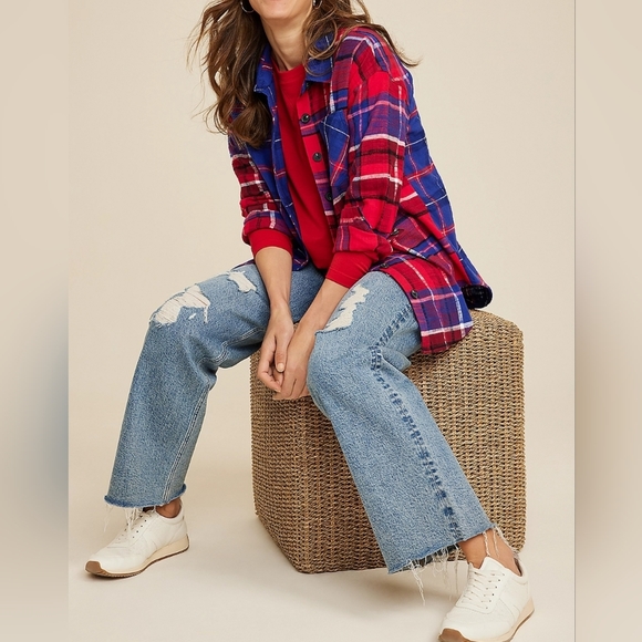 Simons Icone Plaid Boyfriend Long Sleeve Button Up Shirt Blue Red sz M - Picture 2 of 10